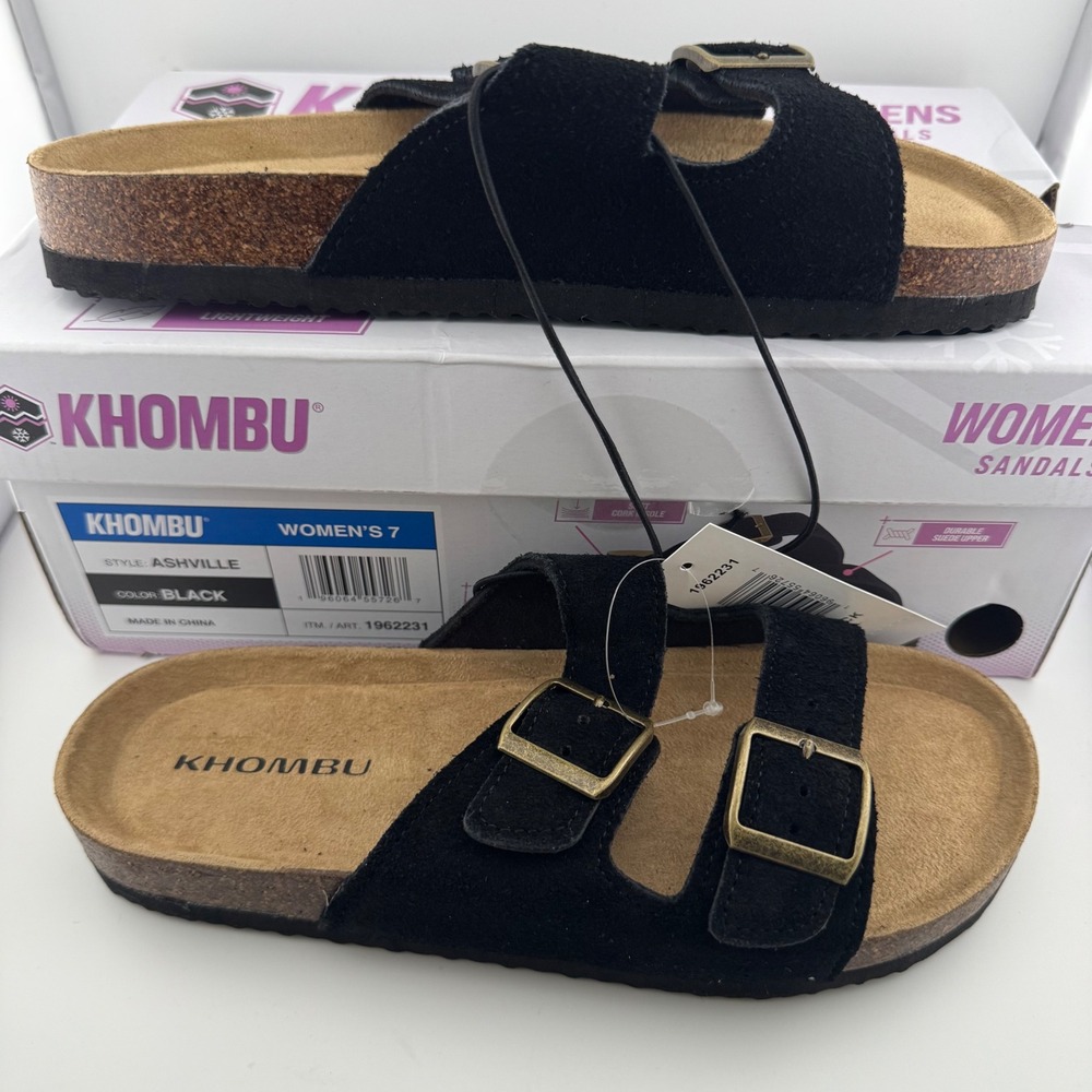 Khombu Ashville Slide Sandals Womens 7 Black New Suede Leather Buckle Comfort